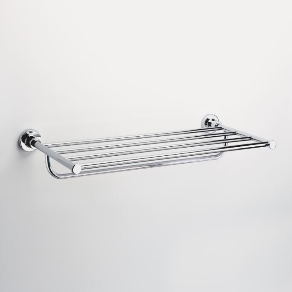 Close up product image of the Origins Living Tecno Project Chrome Towel Rack with Arm